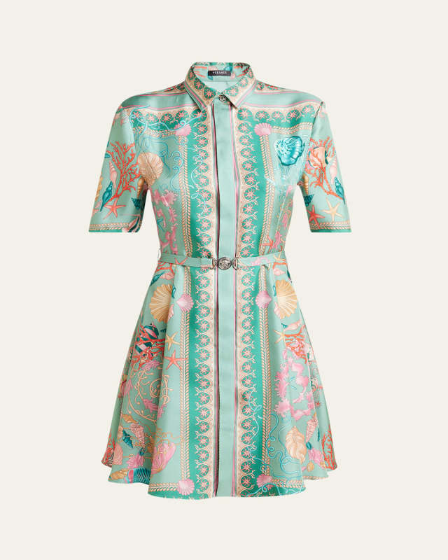 Underwater Barocco Foulard Belted Silk Twill Dress